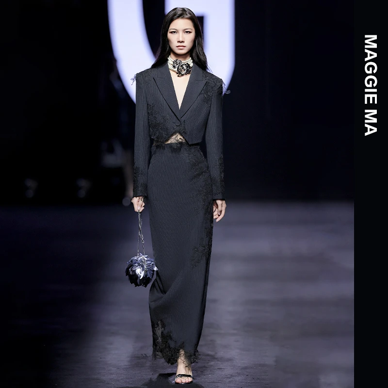 MAGGIE MA马婧设计师款深蓝竖条纹蕾丝静谧高贵套装裙897C/898B