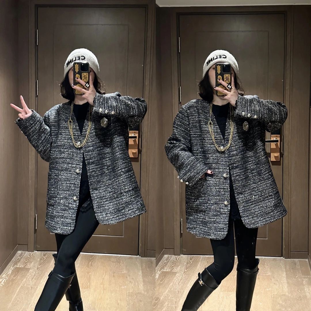 YDFSTUDIO小众【小香时刻】早春欧货高定银色亮片设计小香风V领西装