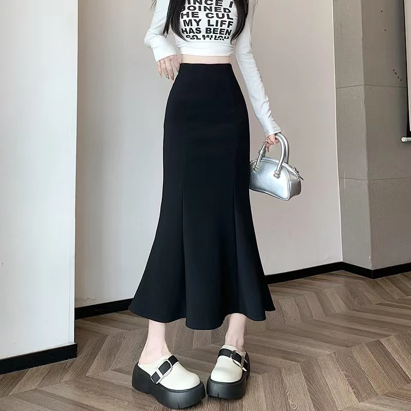 春夏新款中长款半身裙子女气质黑色西装面料包臀鱼尾裙半身裙长裙