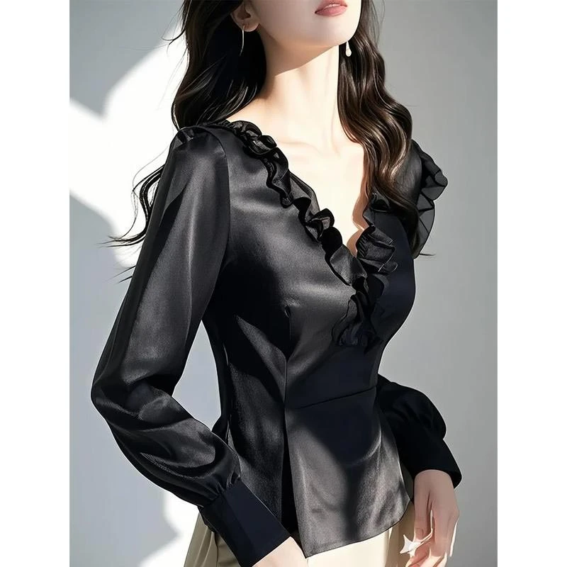 法式v领木耳边拼接衬衫女2025年春季新款设计感纯色百搭长袖上衣