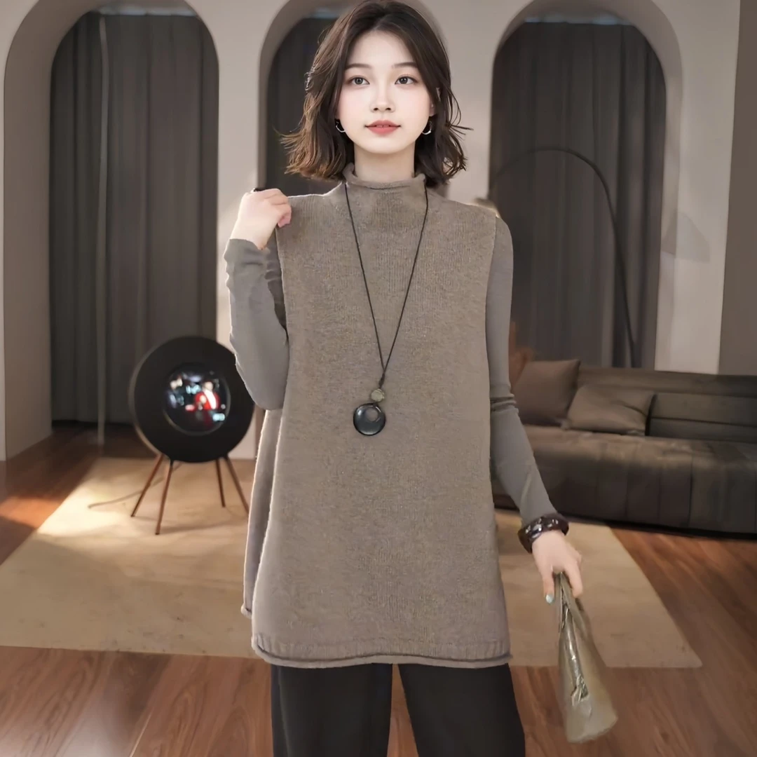 韩系半高领叠穿无袖马甲女2025冬季大码胖MM新款洋气百搭显瘦背心
