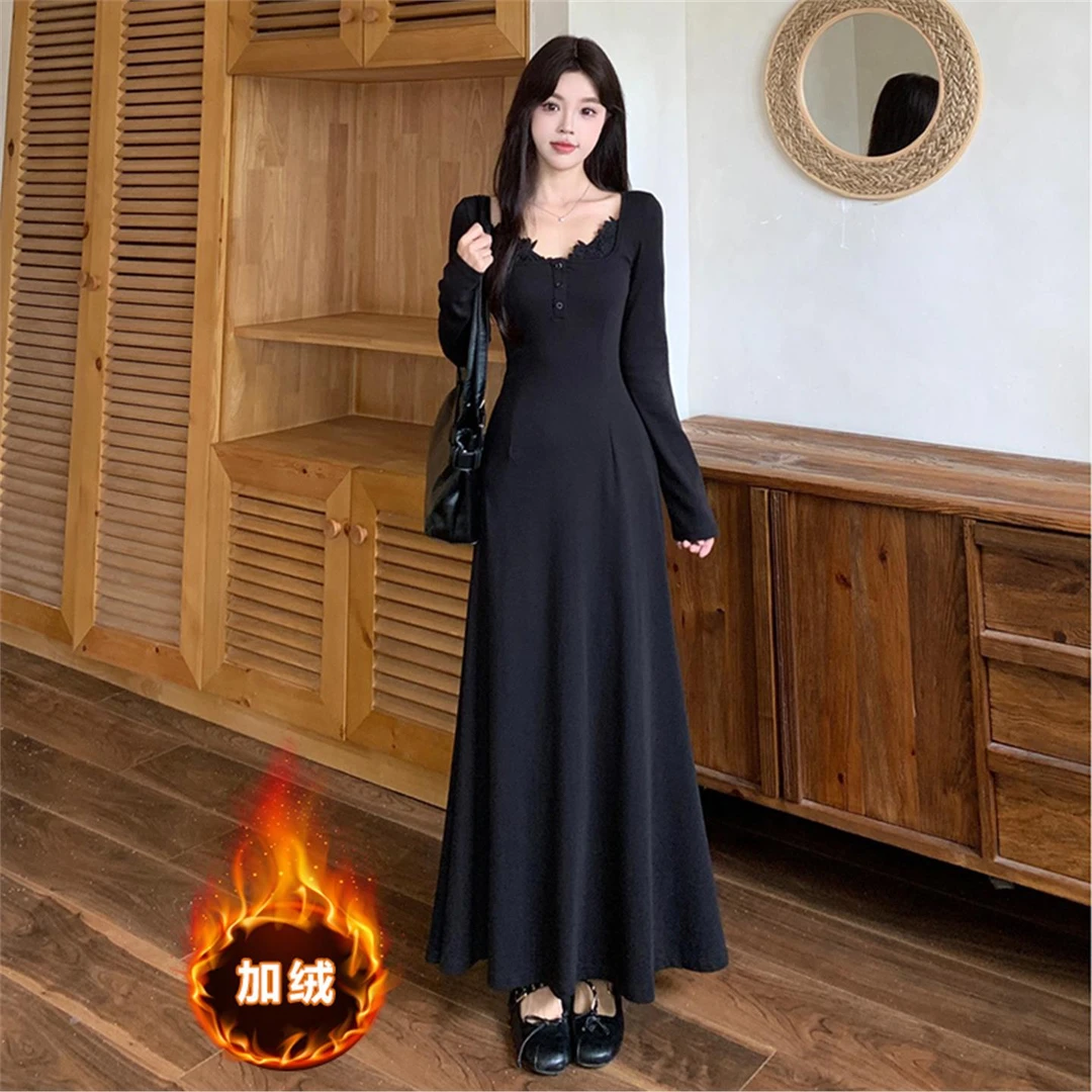 法式黑色连衣裙2025新款冬季大码胖mm巨显瘦内搭加绒加厚打底裙子