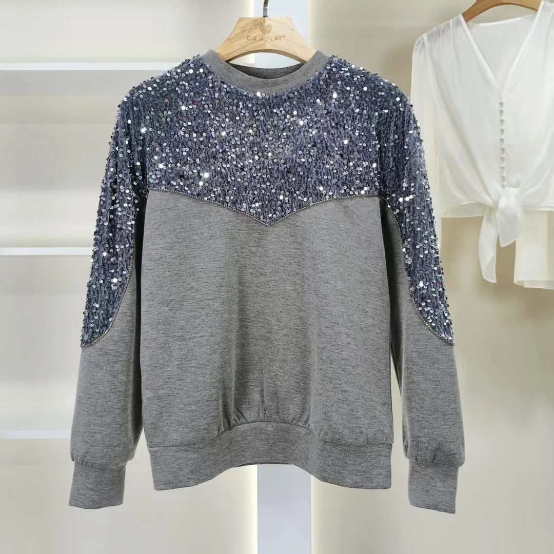 麦迪尚品【白LY】50424124 时尚潮流亮片拼接卫衣品牌撤柜折扣