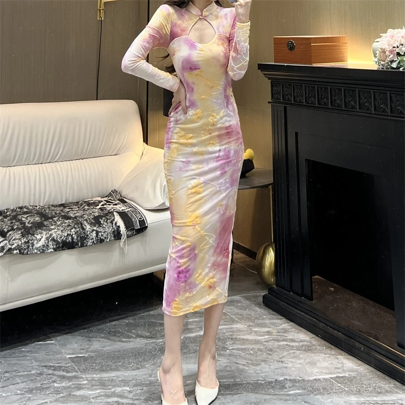 气质女人味轻奢立领镂空长袖烧花扎染刺绣琴心月意包身开衩连衣裙