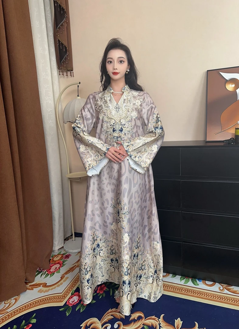 迪拜中东清冷系禅意衣服女优雅手缝钉珠长款连衣裙017