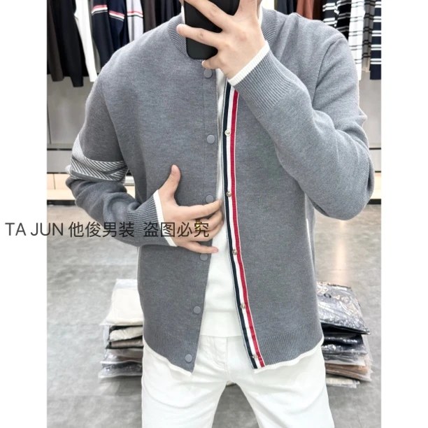 *他俊*新品秋冬条纹撞色休闲时尚百搭针织外套 78537