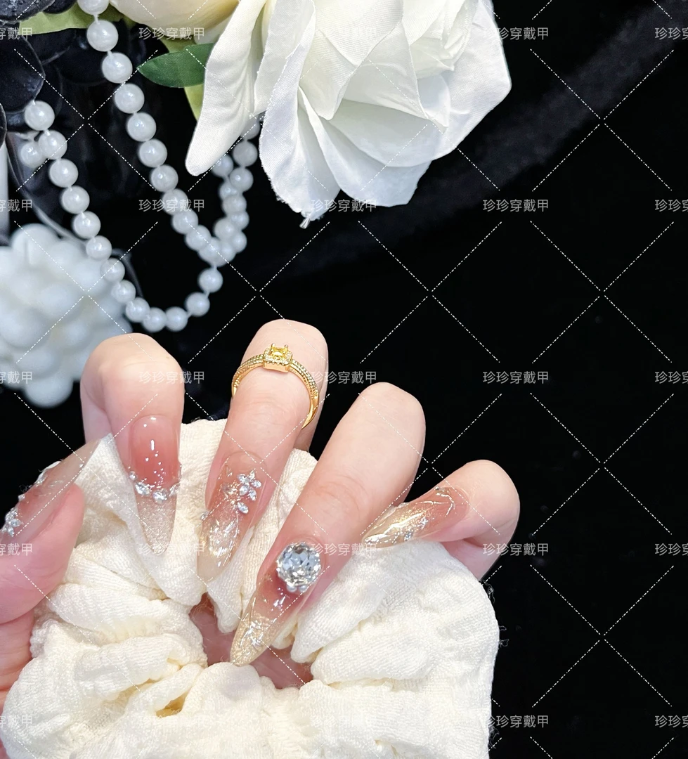 【金柳】珍珍手工穿戴甲高级感爆闪带钻猫眼鎏金枝叶可拆卸美甲贴片