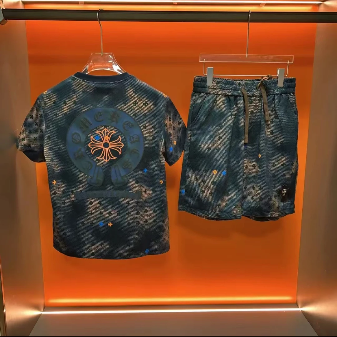 K228男士夏季新款刺绣轻奢韩版修身短袖半袖套装T恤网红时尚休闲