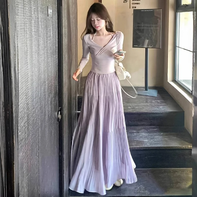 韩系褶皱半身裙春夏紫色a字蛋糕裙温柔风长裙设计感大摆中长裙子