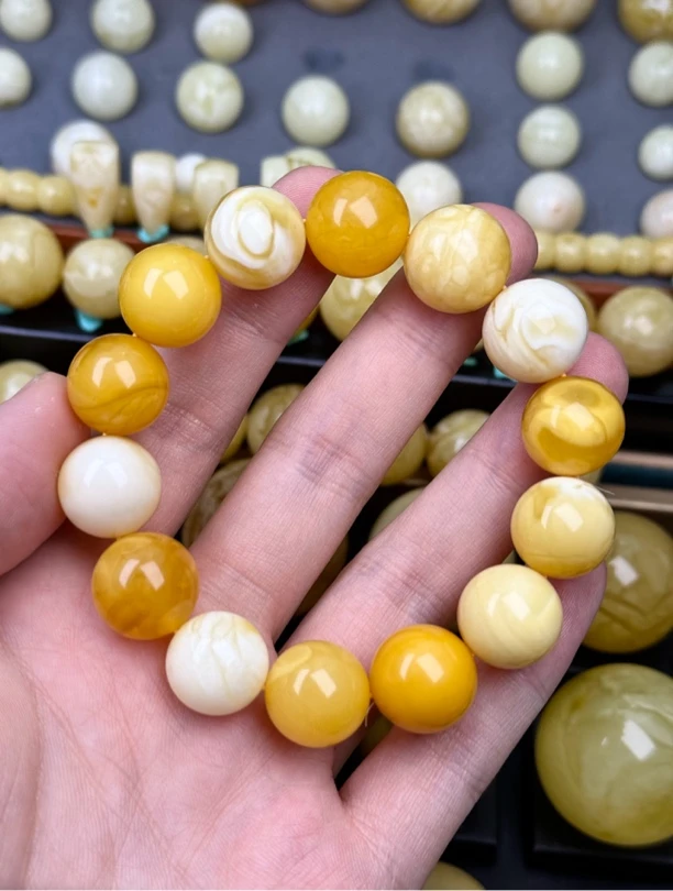 15+mm俄料国矿一级料浓瓷白妖孽虎皮纹千层雪橘底金溶洞蜜蜡多宝