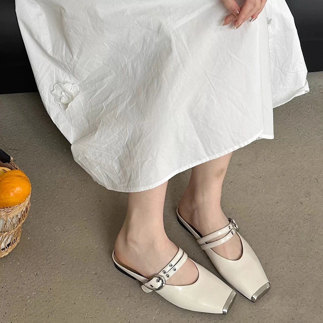 一字扣带软皮半拖鞋2025春夏法式新款皮带扣外穿包头凉拖1102-5