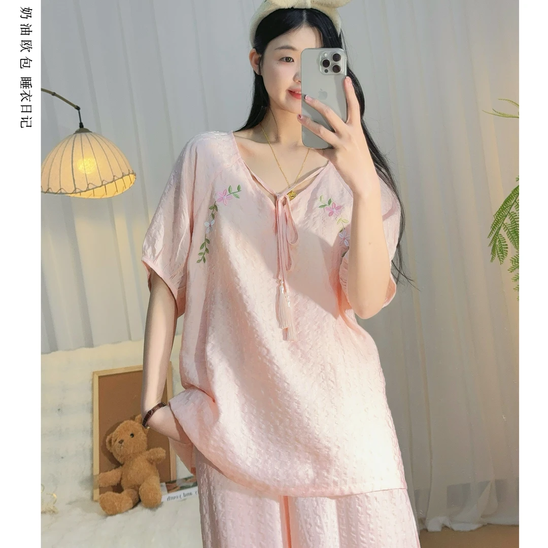 新中式提花刺绣胸垫版睡衣女夏季泡泡棉纱透气吸汗薄款家居服套装