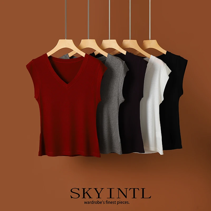 SKYINTL桑蚕丝天丝小飞袖V领短袖t恤女夏季新款2025新款天丝上衣