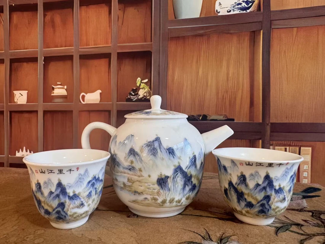 千里江山白瓷一壶两杯2161家用大容量陶瓷中式精美