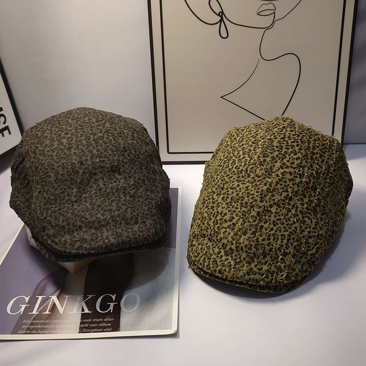 早春新款韩版破洞豹纹鸭舌帽女时尚白搭气质显脸小复古个性前进帽