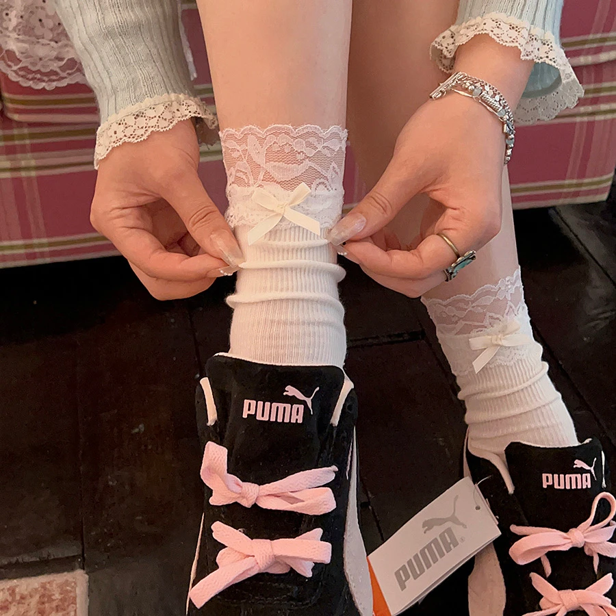 春夏薄款芭蕾风蕾丝袜子女中筒网眼堆堆简约纯色蝴蝶结JK袜子女TL