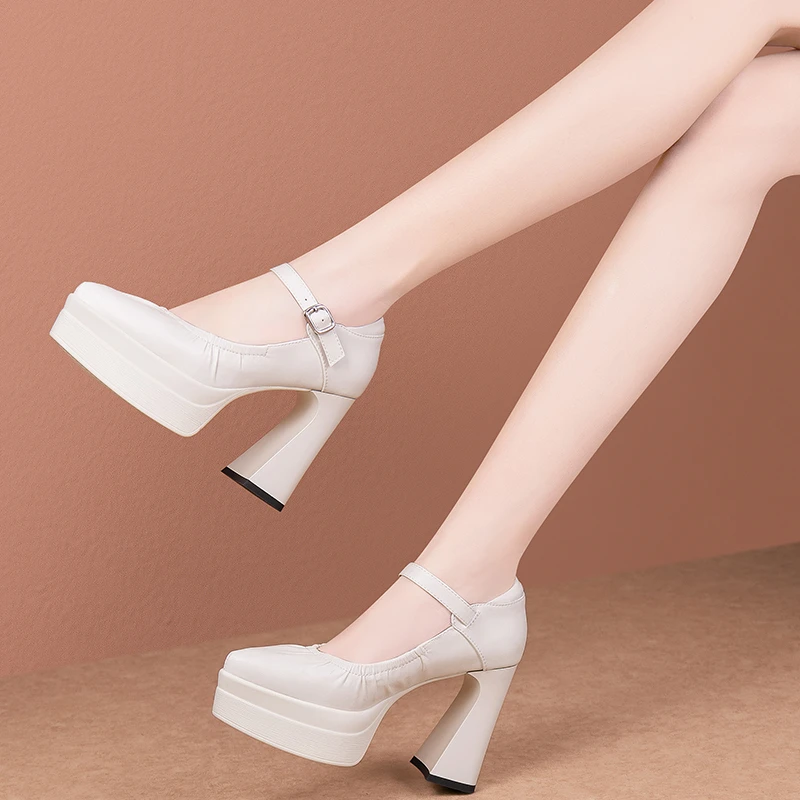 时尚尖头厚底浅口单鞋女真皮防水台粗跟不累脚高跟鞋走秀工作鞋女