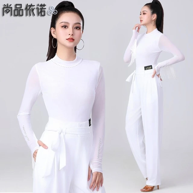 跳舞衣服2025新款白色摩登交谊舞上衣广场吉特巴舞蹈服拉丁舞长裤