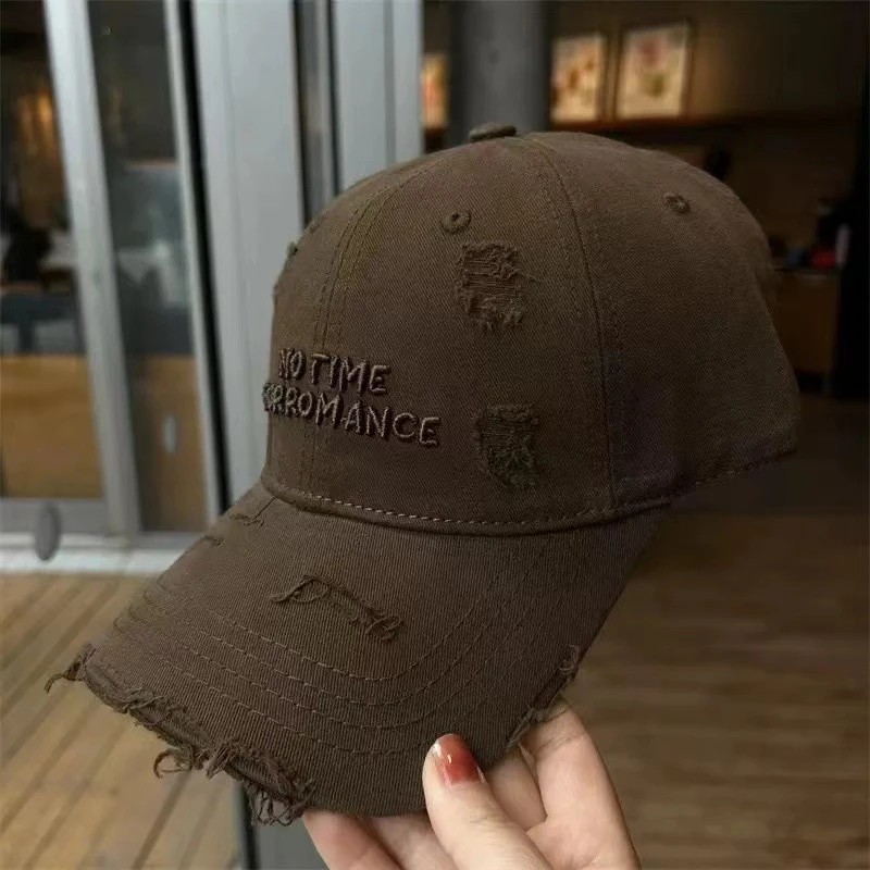 棒球帽破洞做旧鸭舌帽子帽子女2024新款时尚潮流宽帽檐大脸显脸小