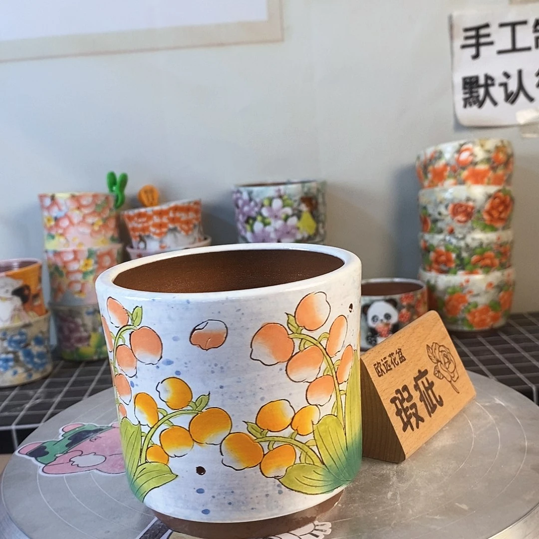 紫砂花盆红陶手绘花盆