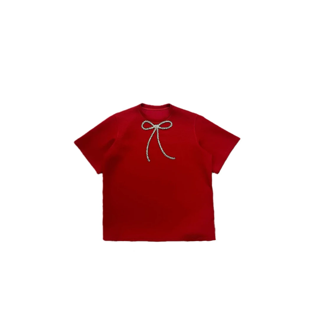 深圳大码女装气质时尚重工蝴蝶结亮片短袖T恤(FT091)