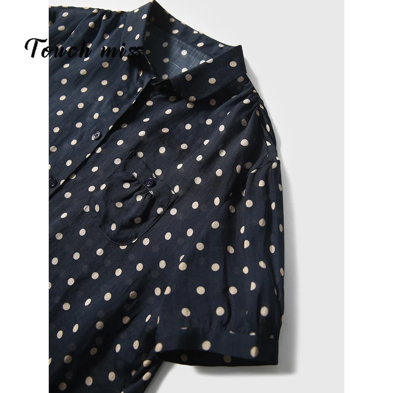 TOUCH MISS25年夏季轻薄透气苎麻上衣小翻领短袖衬衫女