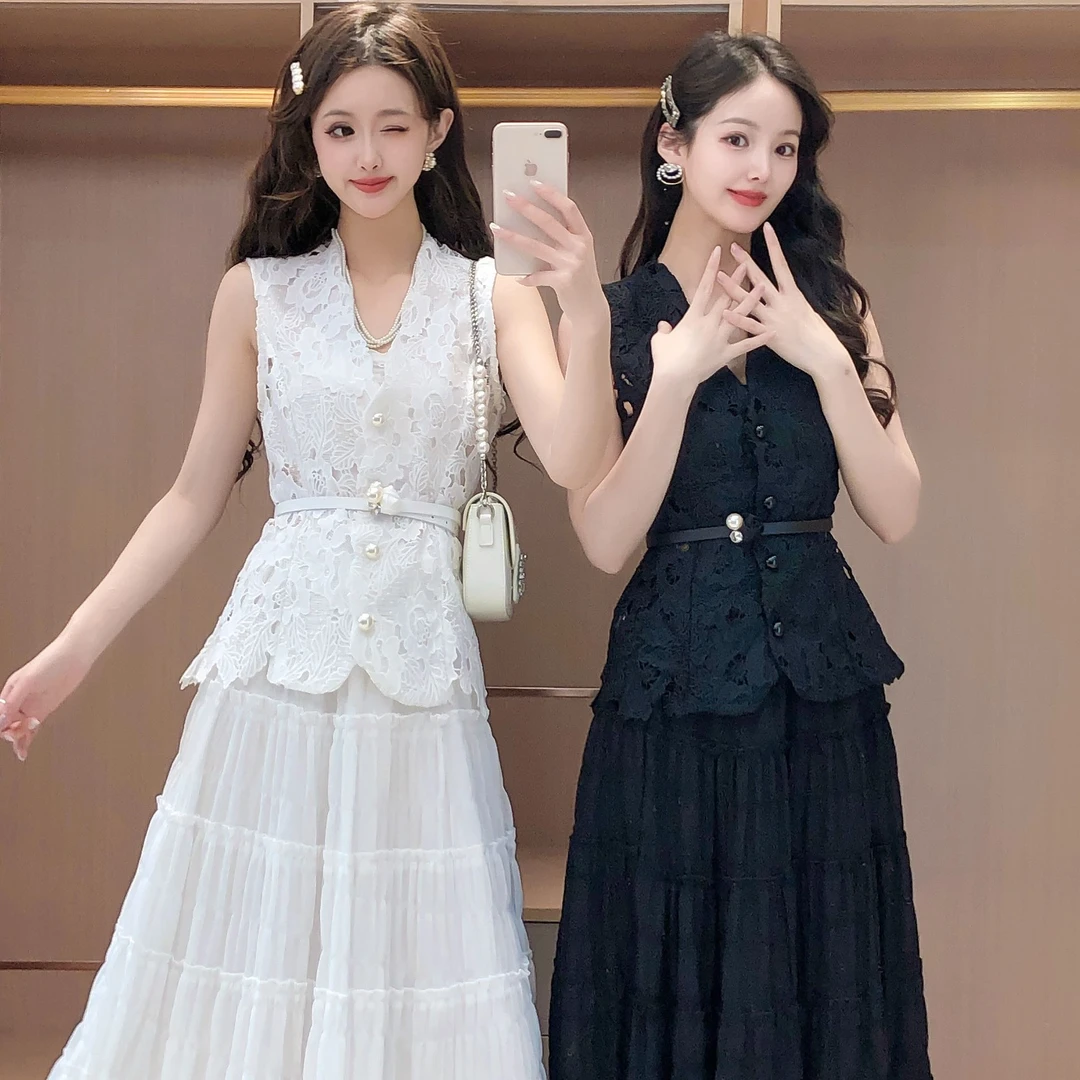 艾日秀名媛风蕾丝镂空设计感无袖上衣长款半身裙两件套 F0294