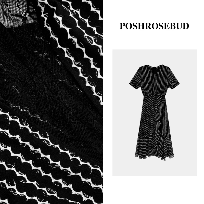 POSHROSEBUD设计师法式条纹V领收腰显瘦气质女装连衣裙-3004