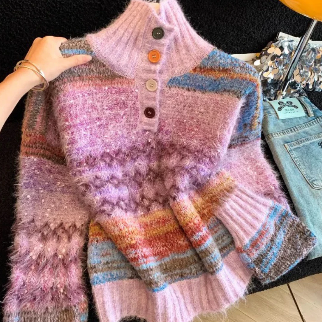 费尔岛氛围感高领毛衣外套女秋冬季新款慵懒风甜美软糯针织衫上衣