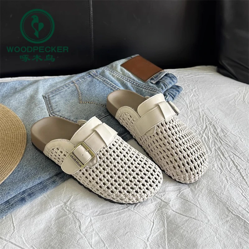 啄木鸟镂空编织透气包头拖女2025夏季新款博肯鞋外穿休闲懒人凉鞋