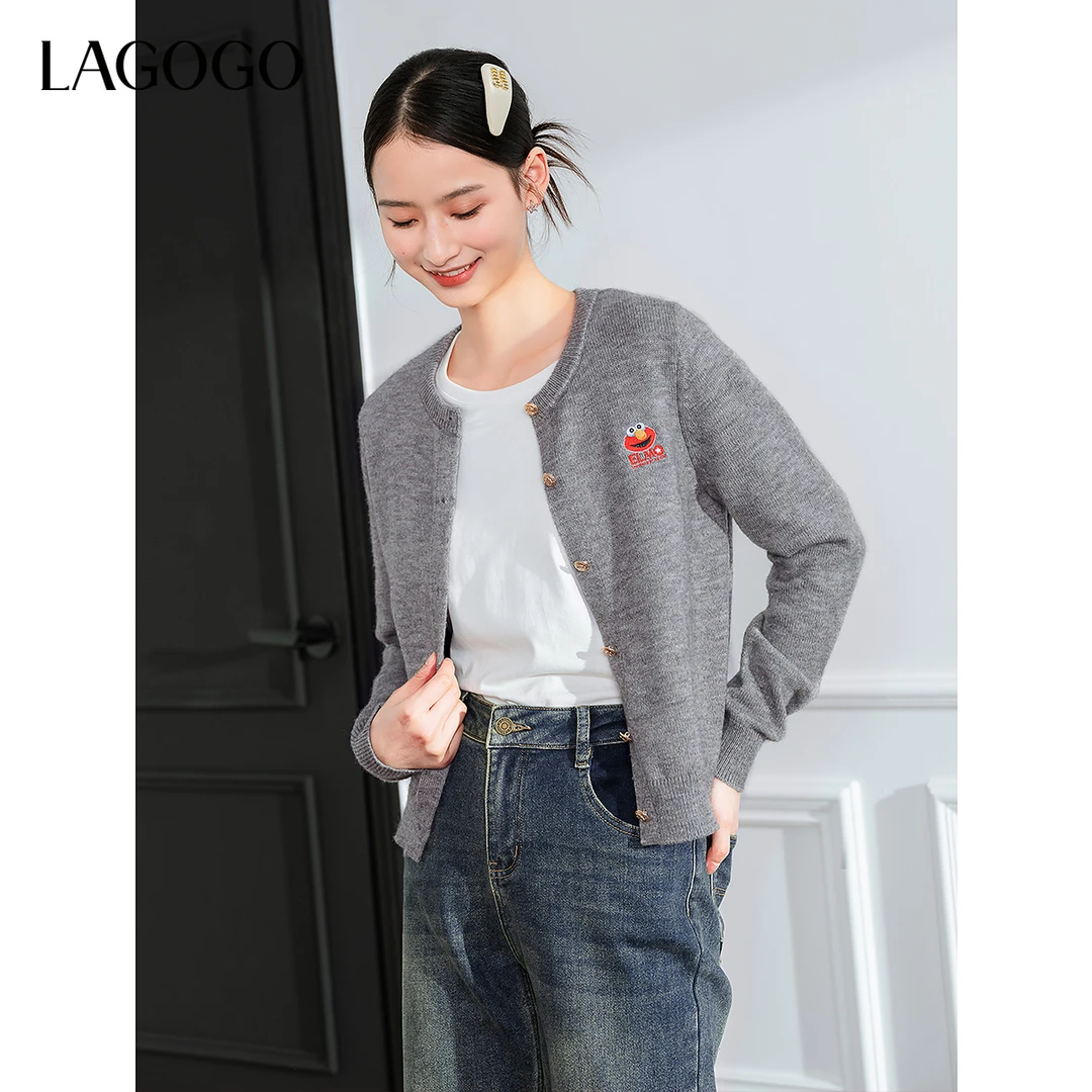 lagogo拉谷谷年新款芝麻街联名气质格雷灰针织女NCMM839C36