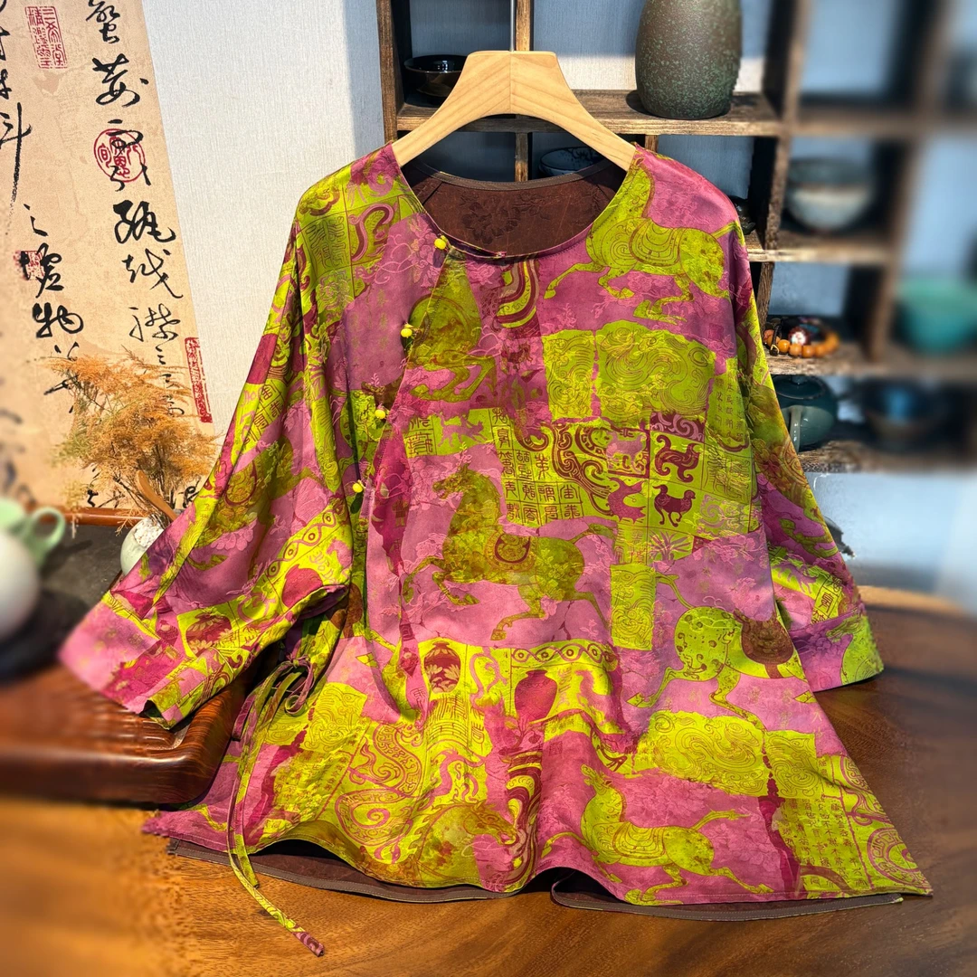 YUEZHE秋季休闲斜襟复古圆领衬衣2025中国风重磅宽松提花上衣