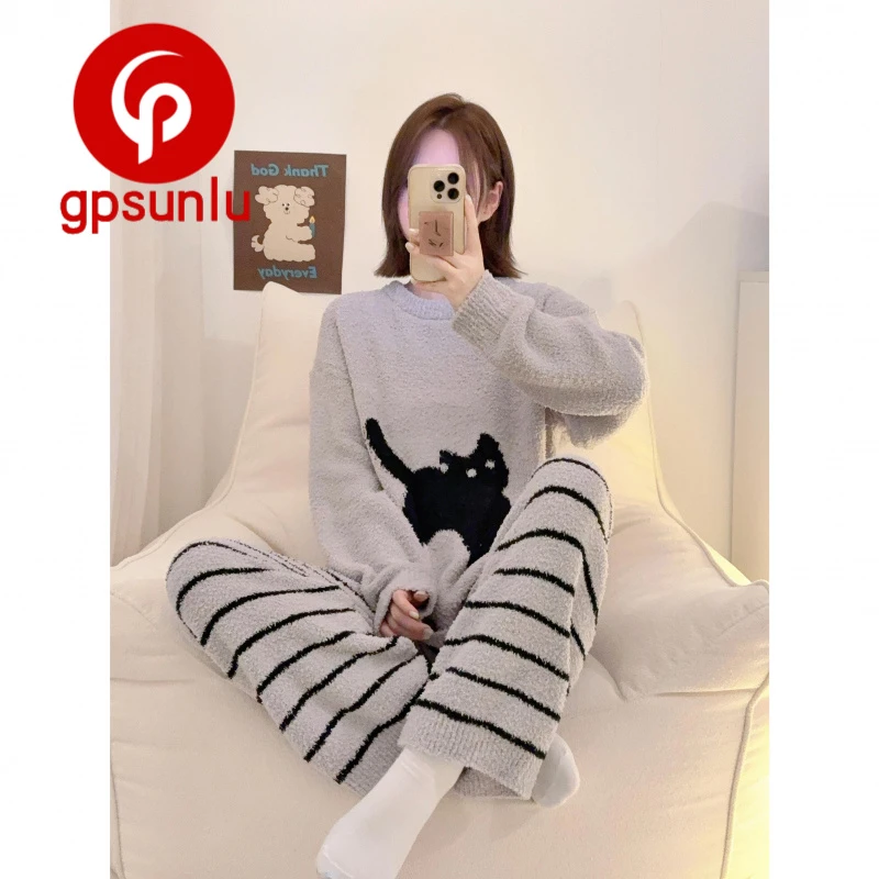 gpsunlu2026秋冬新款大码条纹加厚半边绒睡衣女款可爱卡通家居服