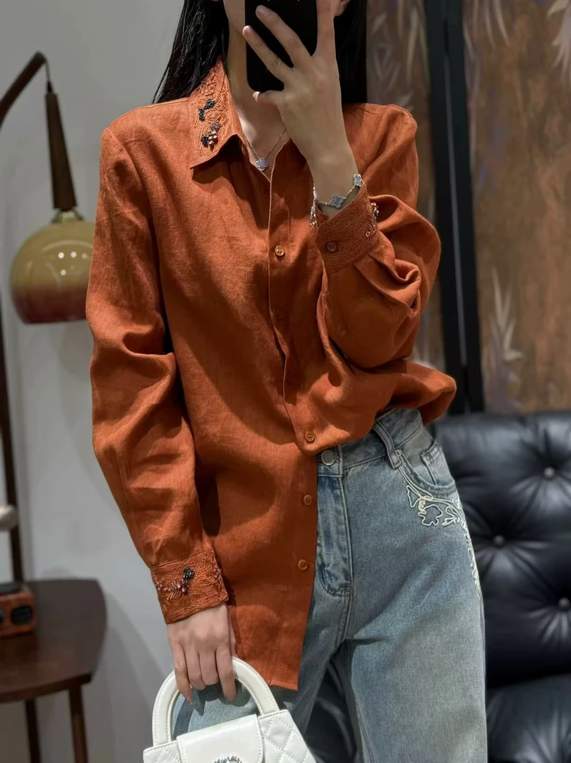 刺绣亚麻衬衫长袖气质款手工钉珠宽松立领女士上衣春季百搭