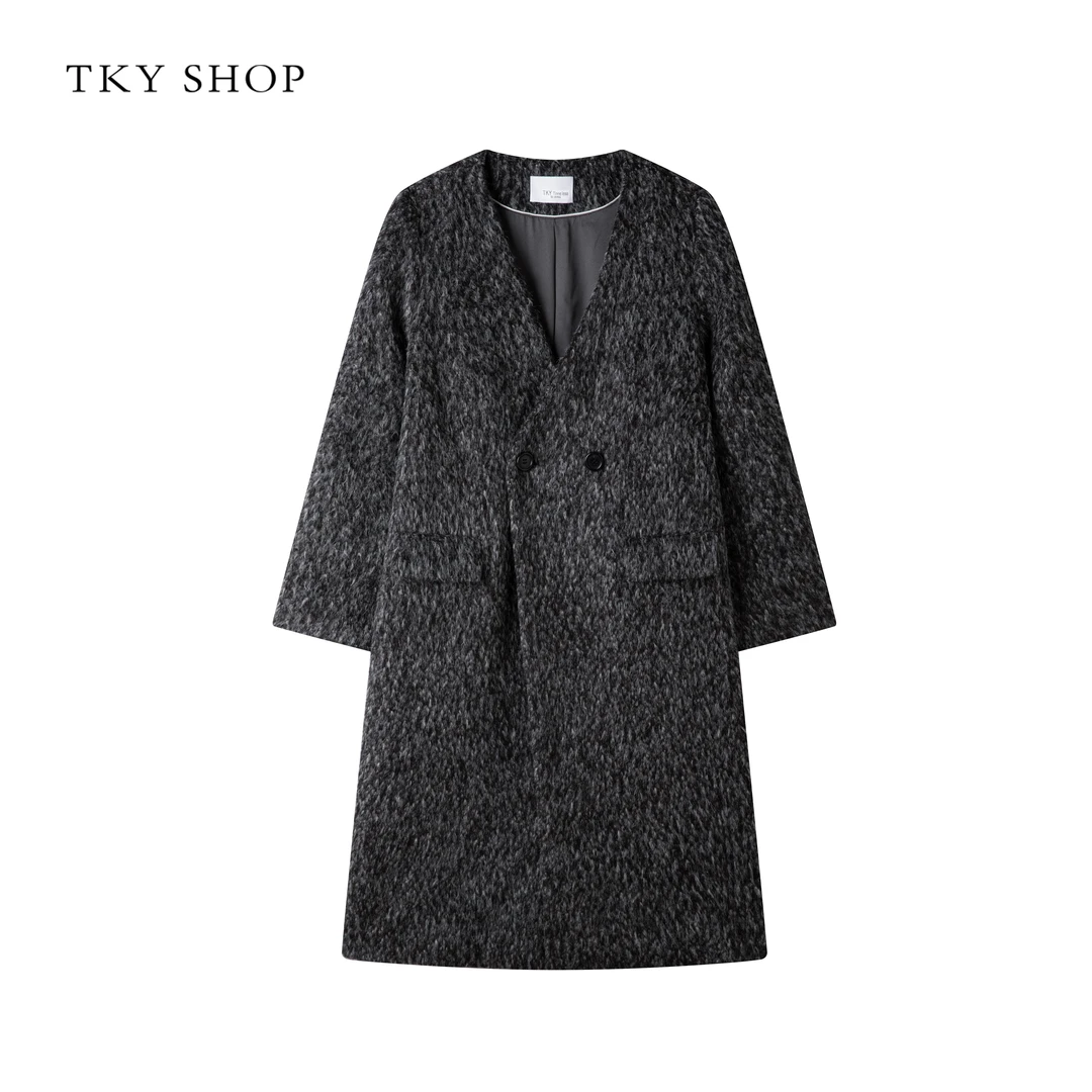 TKYSHOP长绒慵懒灰色V领气质绵羊毛大衣长款毛呢外套10H1GA00H183