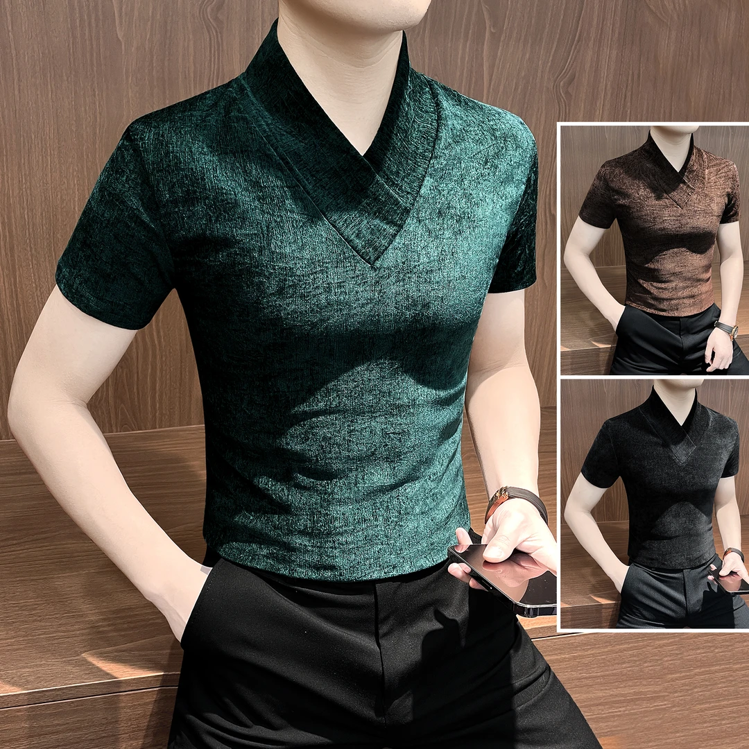 雪尼尔v领男士短袖t恤秋冬男款爆款2025新款高级感休闲服男装上衣