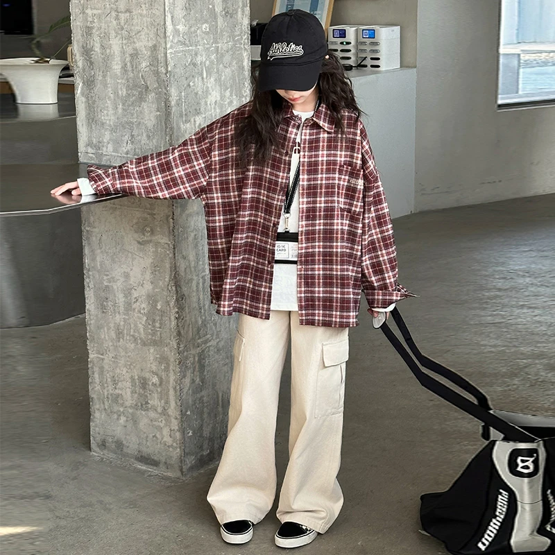 女童格子衬衫套装2025新款儿童洋气韩版宽松休闲三件套中大童时髦