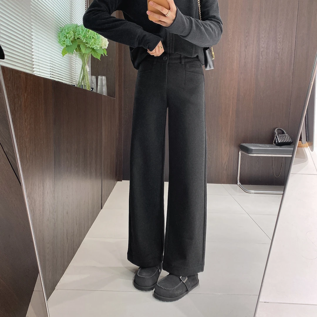 IMFLY金小金自制女装 加绒休闲裤DYK2932秋冬窄版直筒毛呢裤