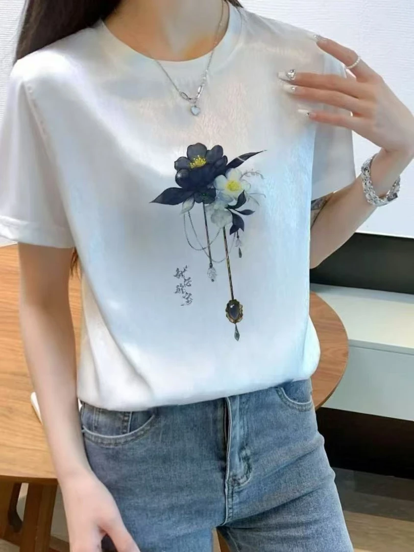 时尚冰丝缎面AB面短袖t恤女2025新款夏季减龄上衣小衫