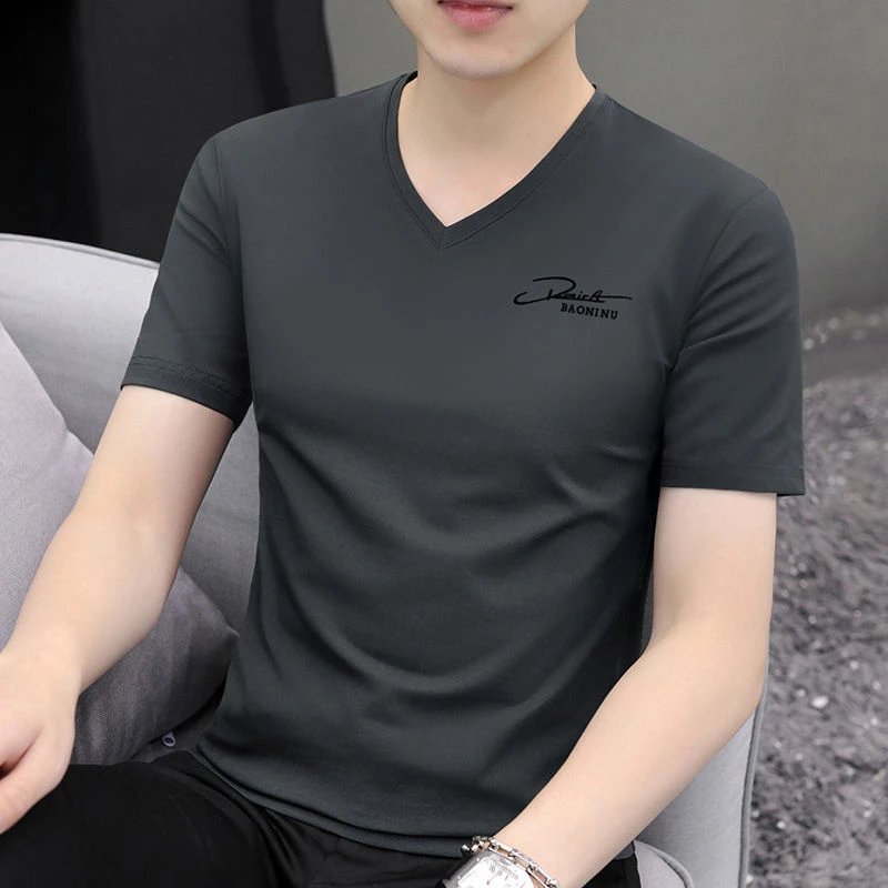 男士短袖t恤修身V领上衣高档潮流休闲百搭简约帅气外穿体恤衫男