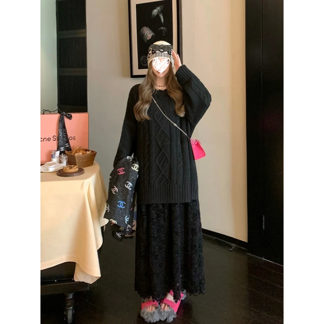 秋冬新款宽松慵懒长袖针织衫上衣~设计感蕾丝半身裙女套装B105