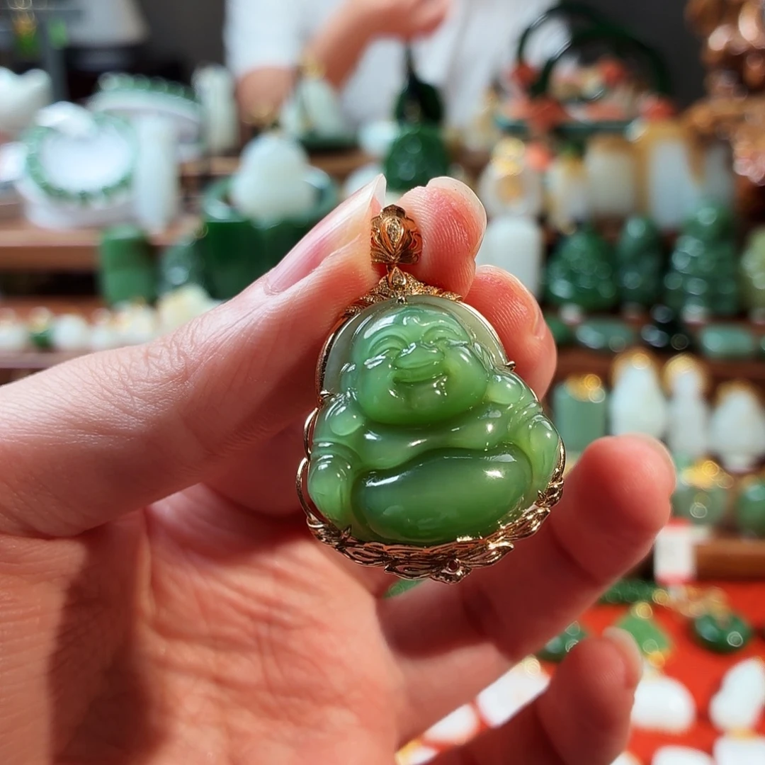 和田玉（碧玉）18K金镶嵌吊坠(不含链)