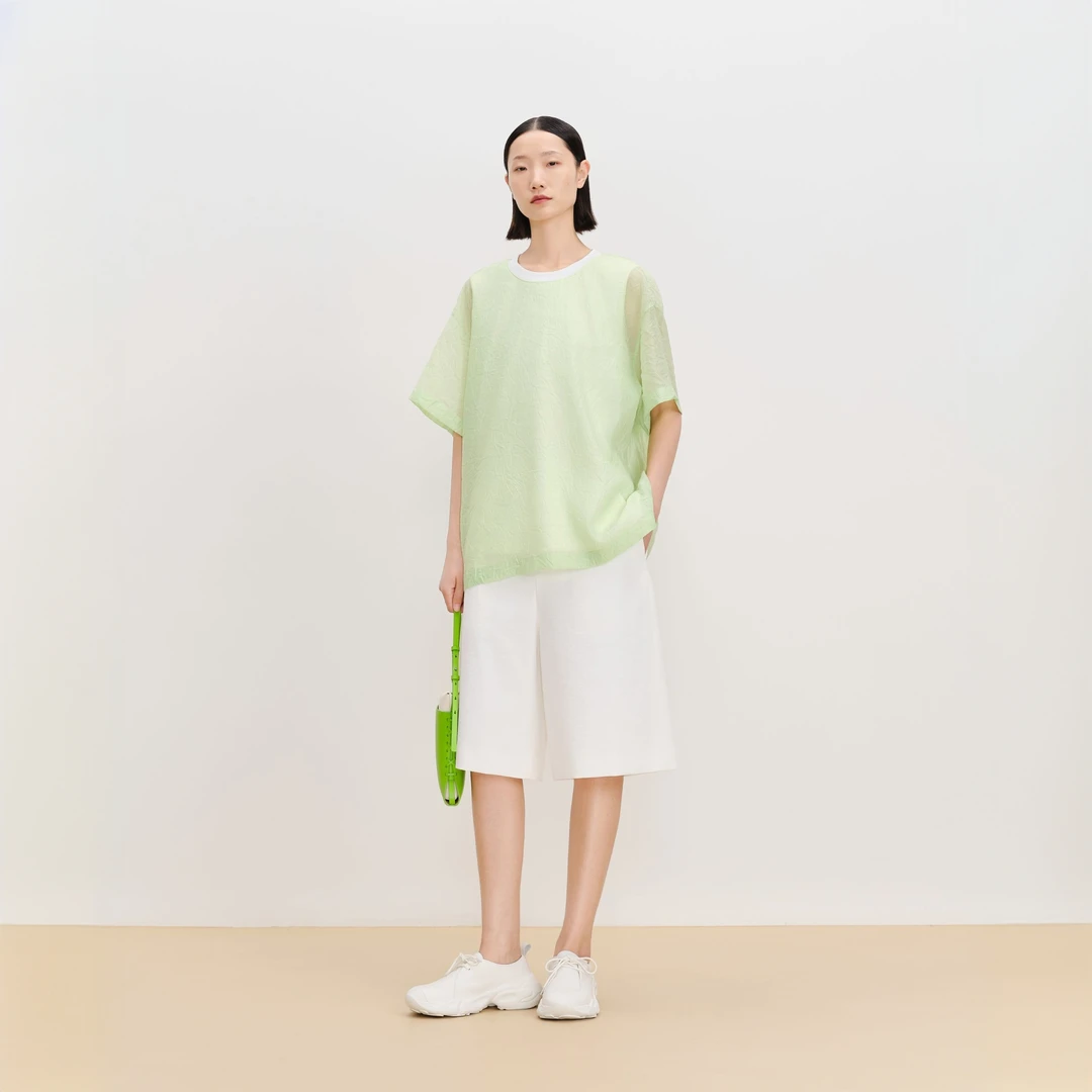 AUM2025春季新款浅绿色假两件短袖T恤M1FZ10647