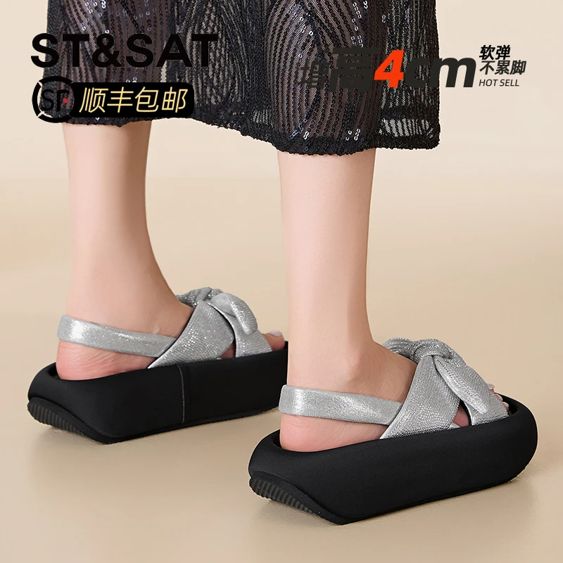 星期六水钻休闲罗马凉鞋女2025夏季新款露趾蝴蝶结松糕厚底沙滩鞋