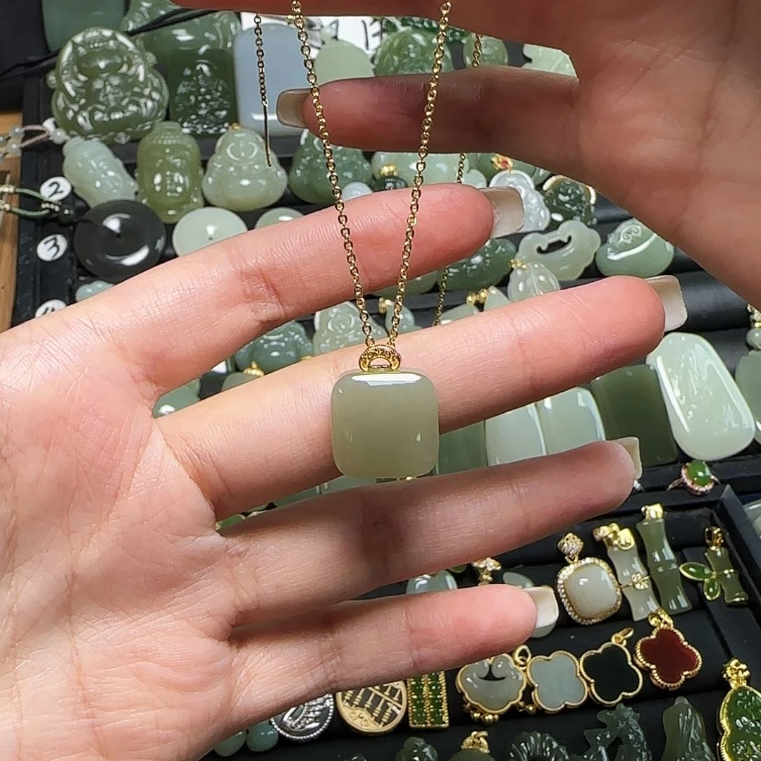 颈饰银S925镶嵌和田玉送链子送绳