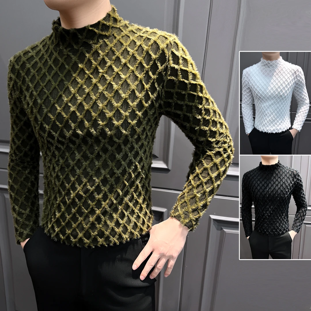 中领打底衫男款秋冬爆款2025新款菱形格毛绒休闲潮流长袖男式t恤