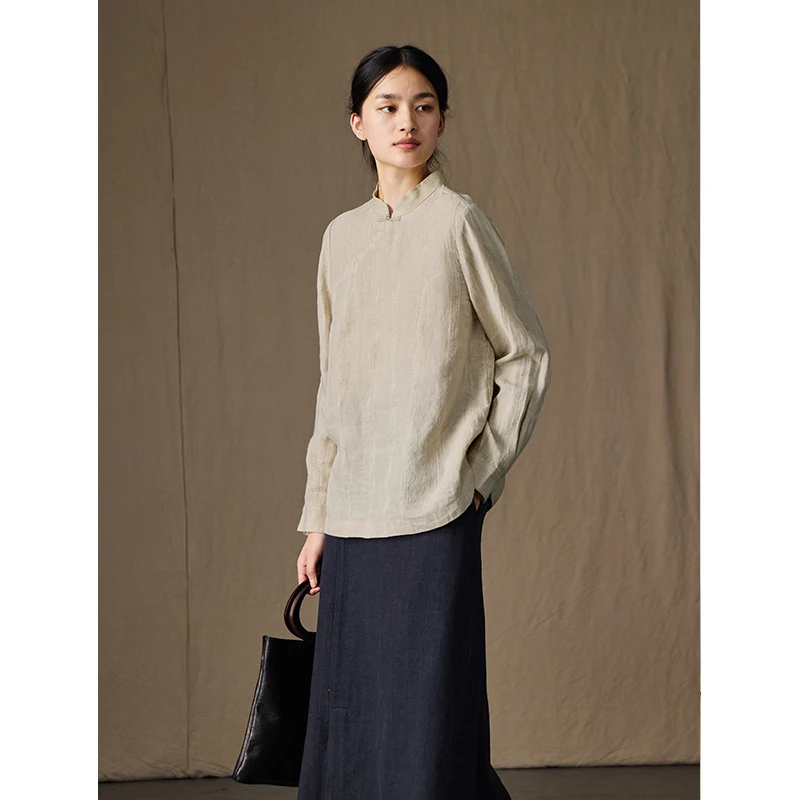 Q.TU新中式上衣女新款法国21英支色织亚麻4426春气质高级长袖衬衫