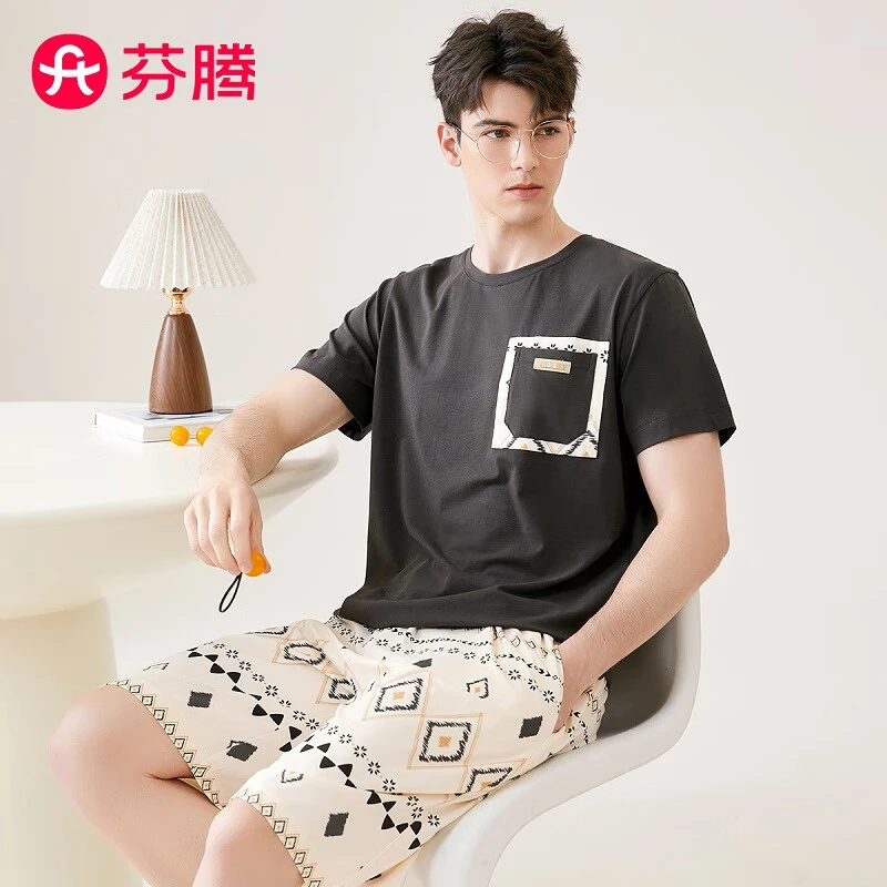 芬腾睡衣男士【100%纯棉】2025年圆领短袖短裤文艺风家居服亲肤套装
