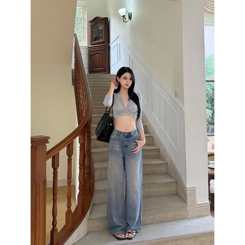 鲸屿Whale秋季新款怀旧色低腰复古风时尚设计感阔腿直筒牛仔裤女