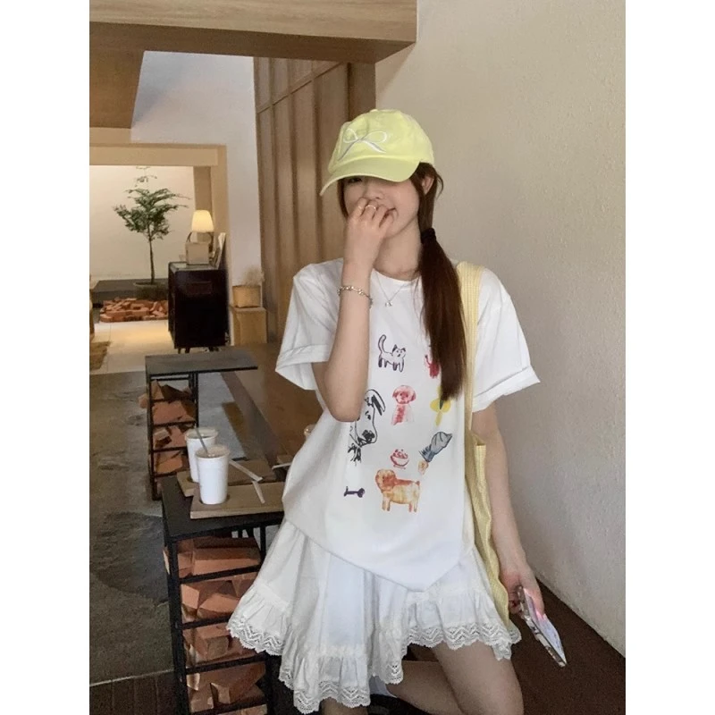 2025韩系休闲风宽松圆领短袖T恤女卡通印花百搭显瘦上衣夏季